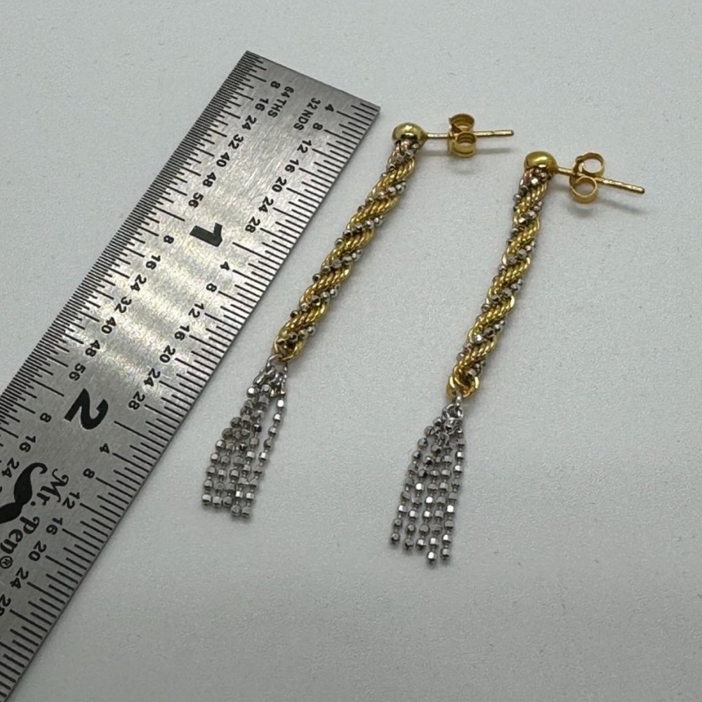14K Yellow Gold + White Gold Twisted Rope Tassel Earrings, solid gold - Picture 16 of 17